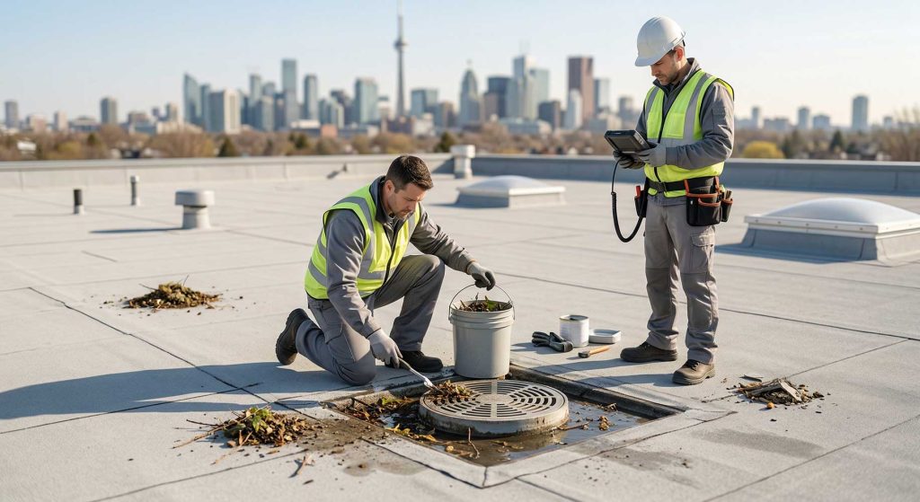 Guycan Ltd. commercial roofing experts perform preventative spring maintenance on a large flat roof in the Greater Toronto Area. A technician kneels to clear a clogged roof drain with a shovel and bucket near skylights and HVAC units, while another stands nearby with an inspection tablet. The recognizable Toronto skyline, including the CN Tower, is prominent in the sunlit background under a clear sky.