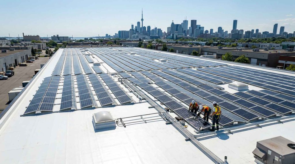 Three construction workers in safety gear installing a large array of solar panels on a bright white commercial flat roof, with the Toronto city skyline visible in the background under a clear blue sky