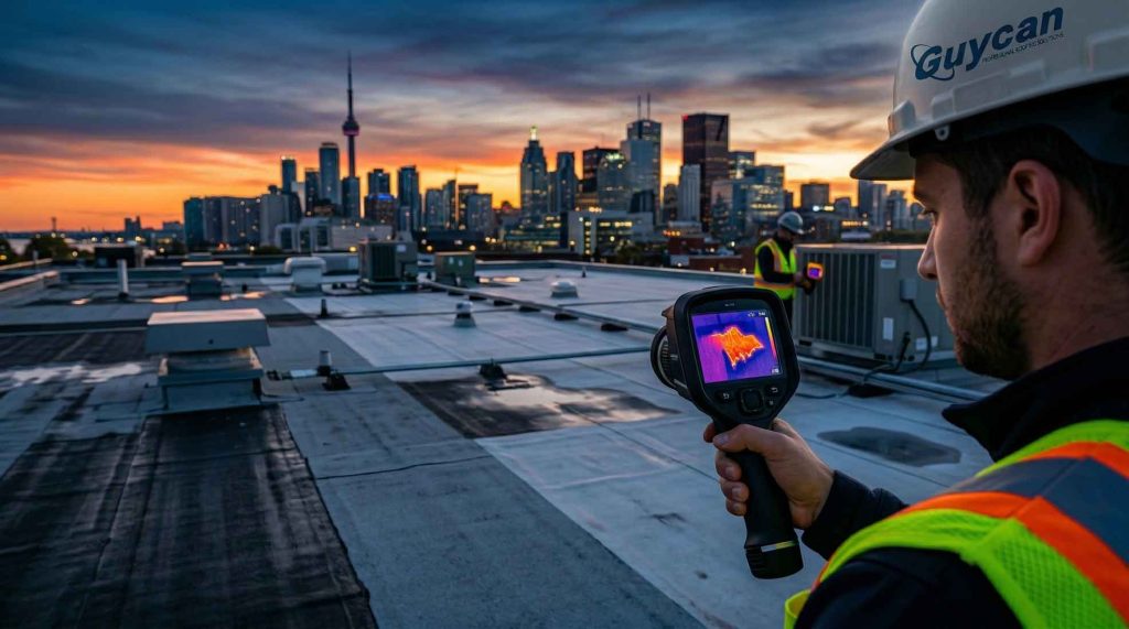An inspector in a Guycan hard hat holds a thermal imaging camera, displaying a heat scan for a commercial roof inspection. In the background is the Toronto, Canada, city skyline with the CN Tower at sunset.