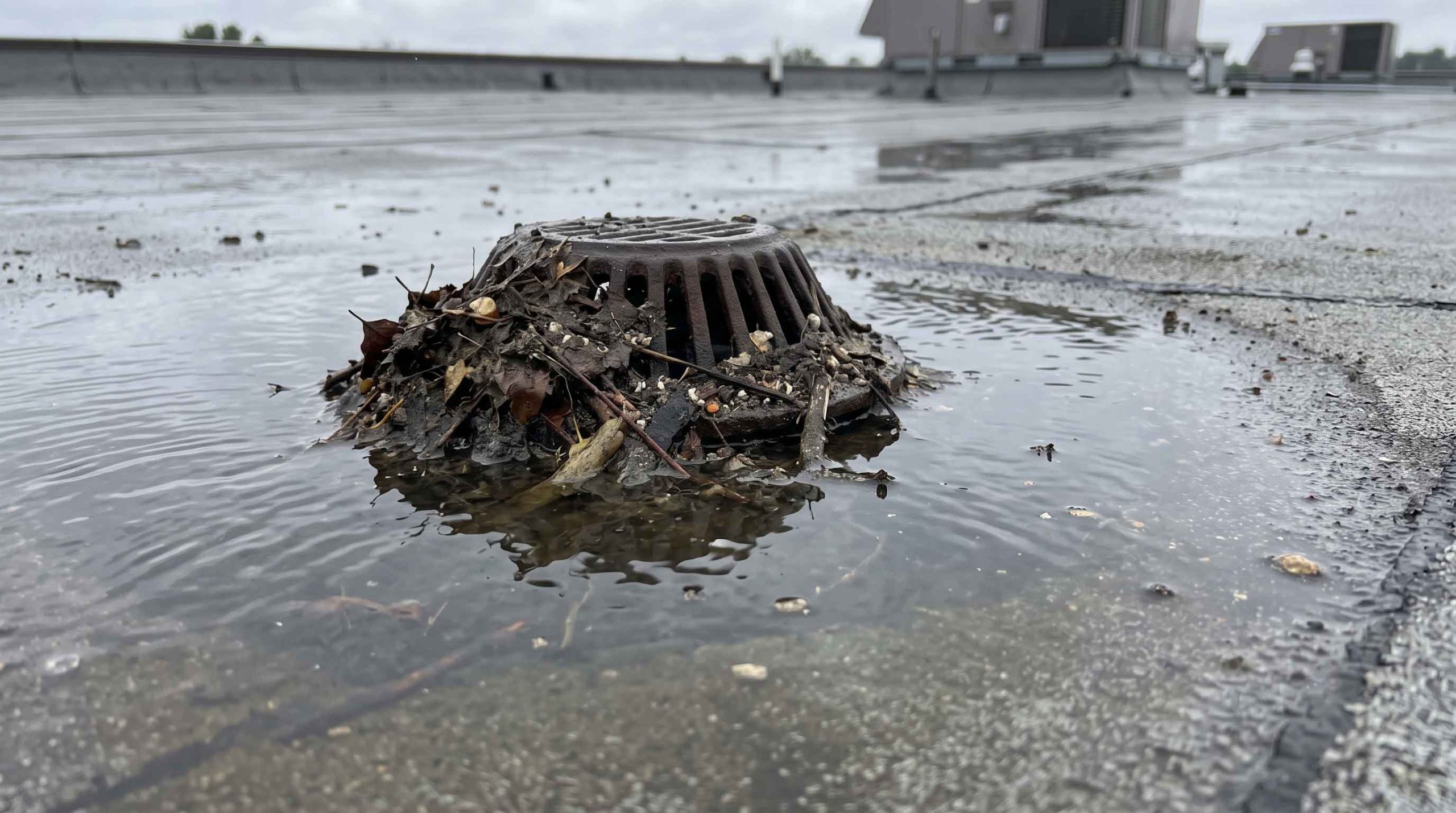 Ponding water accumulating around a clogged internal drain on an industrial flat roof.