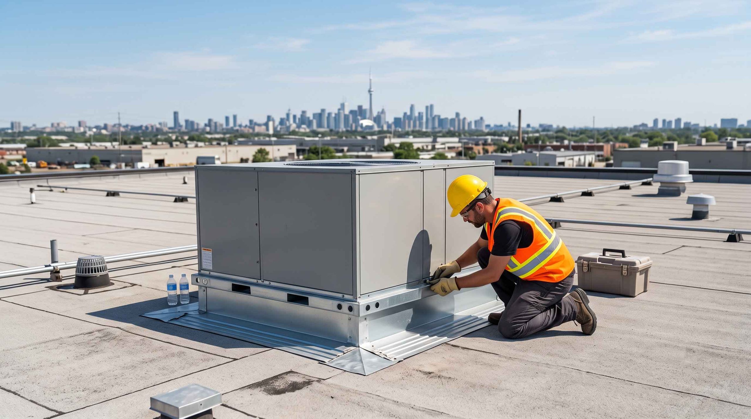 Professional roofer inspecting the metal flashing around an HVAC unit on a commercial flat roof to prevent leaks.