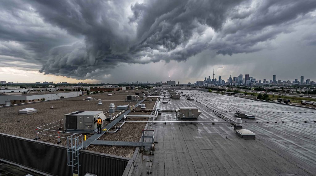 Dark summer storm clouds gathering over a large commercial flat roof in the GTA