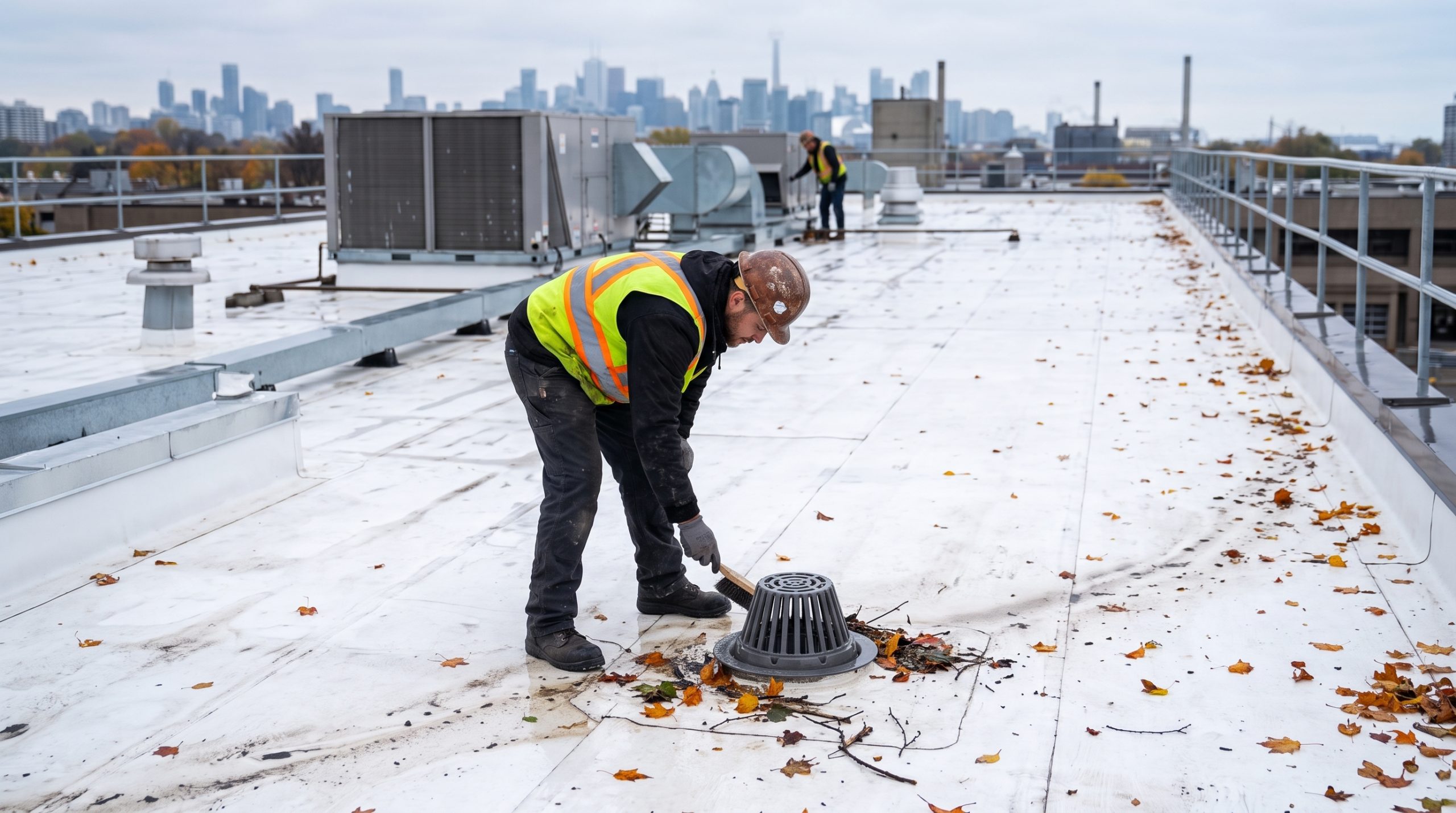 A technician performing drainage checks and clearing debris on a commercial flat roof to prevent water ponding.