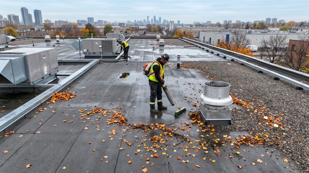 Professional roofing contractors clearing autumn leaves and debris from the drainage system of a commercial flat roof in Toronto.